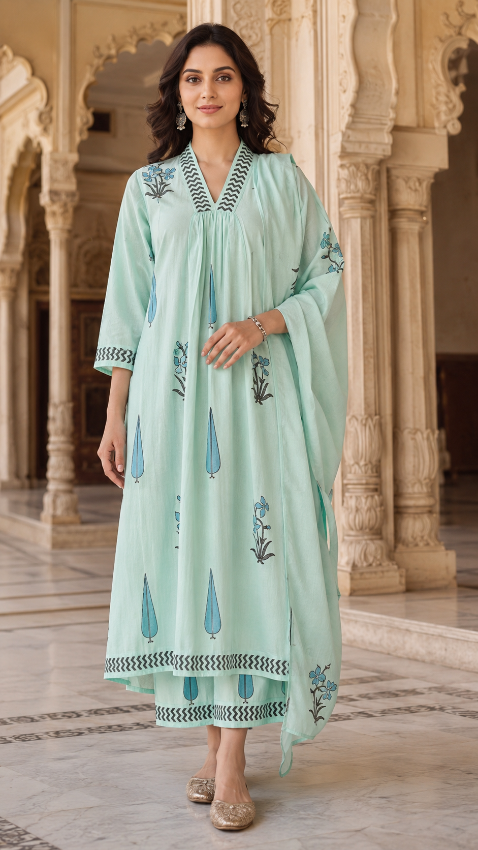 Mint Blue Hand Block Print A-line Kurta Pant Dupatta Set