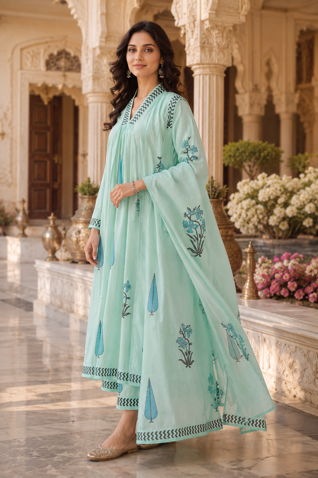 Mint Blue Hand Block Print A-line Kurta Pant Dupatta Set