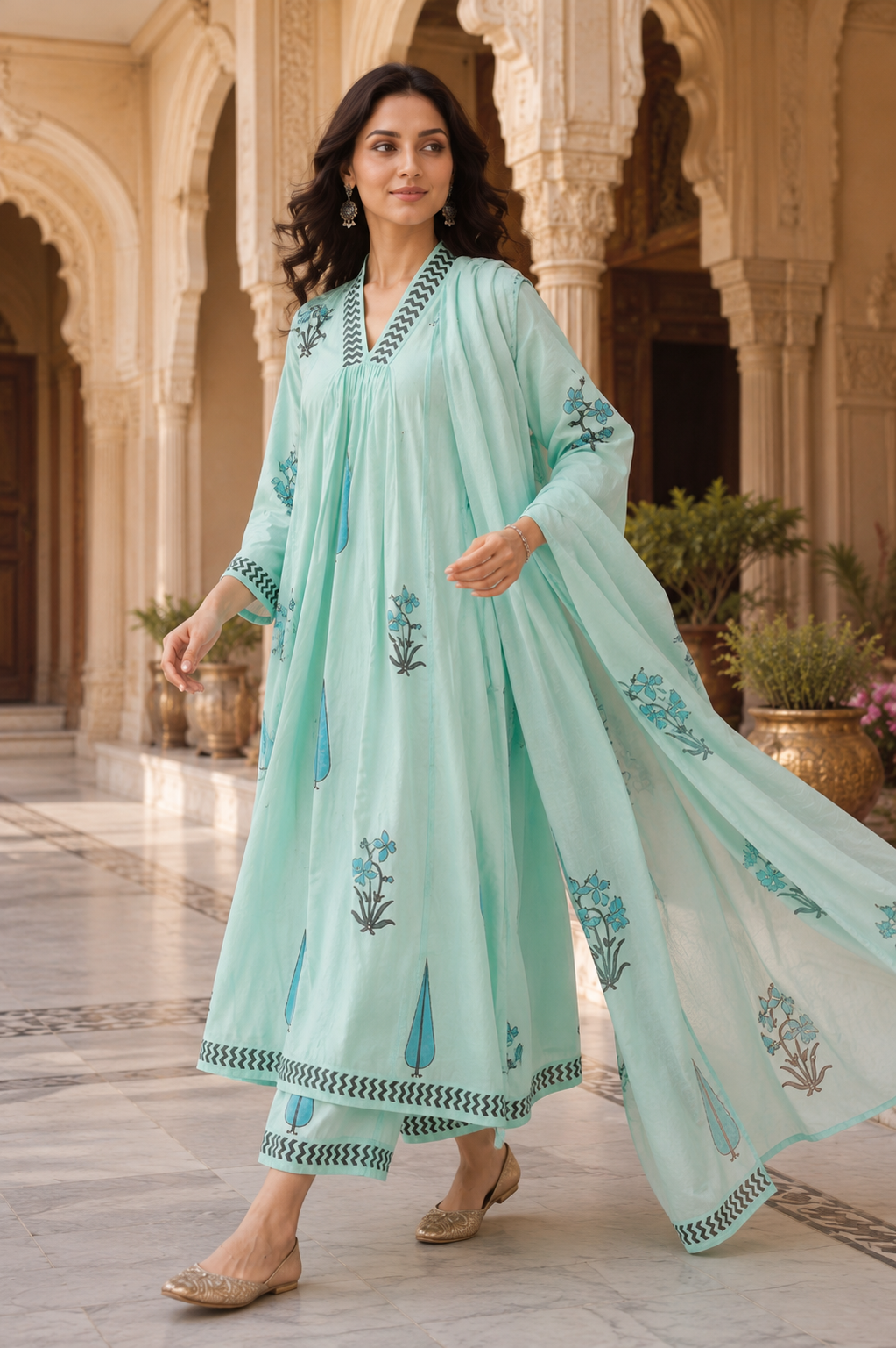 Mint Blue Hand Block Print A-line Kurta Pant Dupatta Set