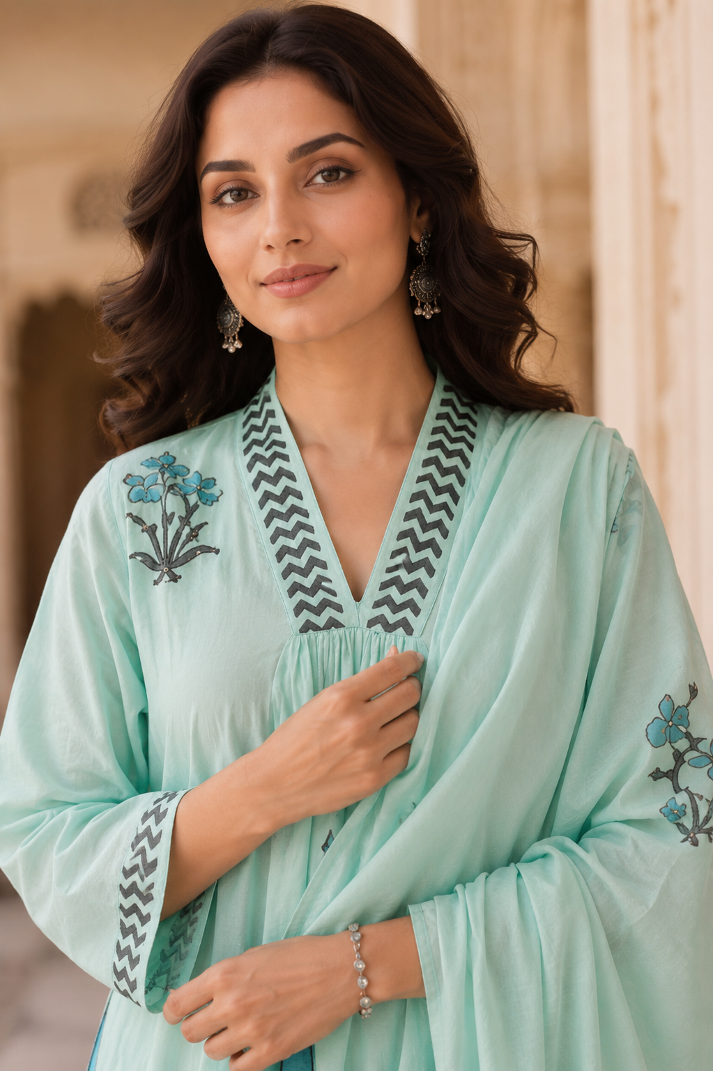 Mint Blue Hand Block Print A-line Kurta Pant Dupatta Set