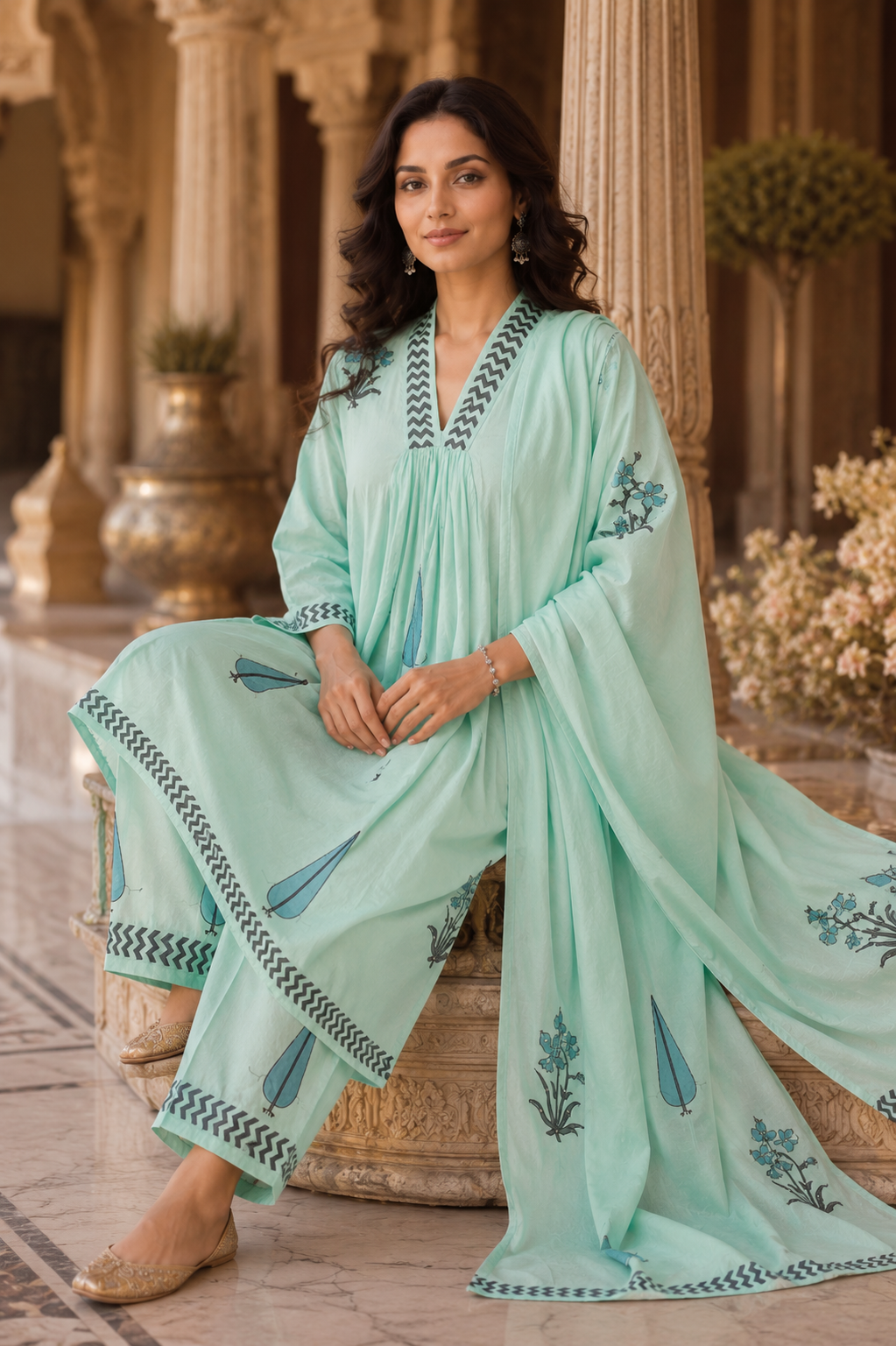 Mint Blue Hand Block Print A-line Kurta Pant Dupatta Set
