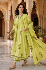 Lime Green Hand Block print A-Line kurta Pant with Dupatta Set
