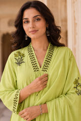 Lime Green Hand Block print A-Line kurta Pant Dupatta Set