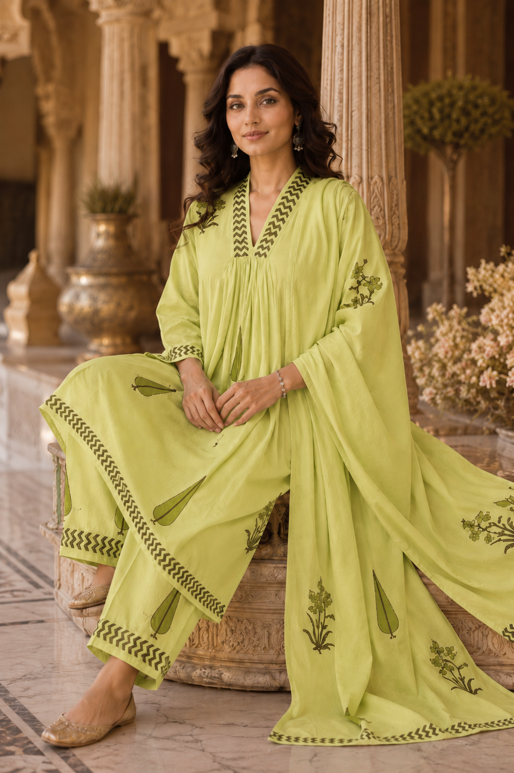 Lime Green Hand Block print A-Line kurta Pant Dupatta Set