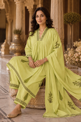 Lime Green Hand Block print A-Line kurta Pant Dupatta Set