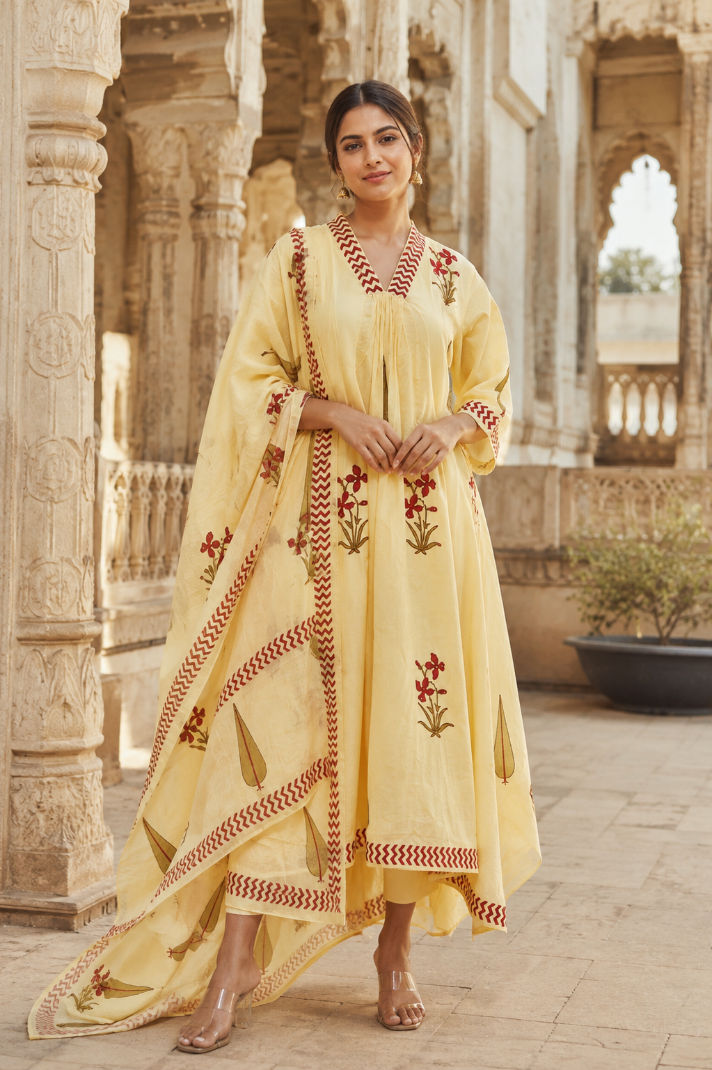 Lemon Yellow Hand Block Print A-line Kurta Pant Dupatta Set