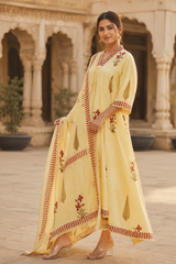 Lemon Yellow Hand Block Print A-line Kurta Pant Dupatta Set