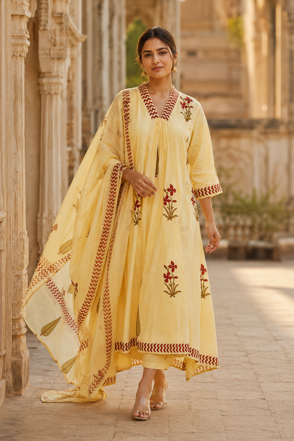 Lemon Yellow Hand Block Print A-line Kurta Pant Dupatta Set