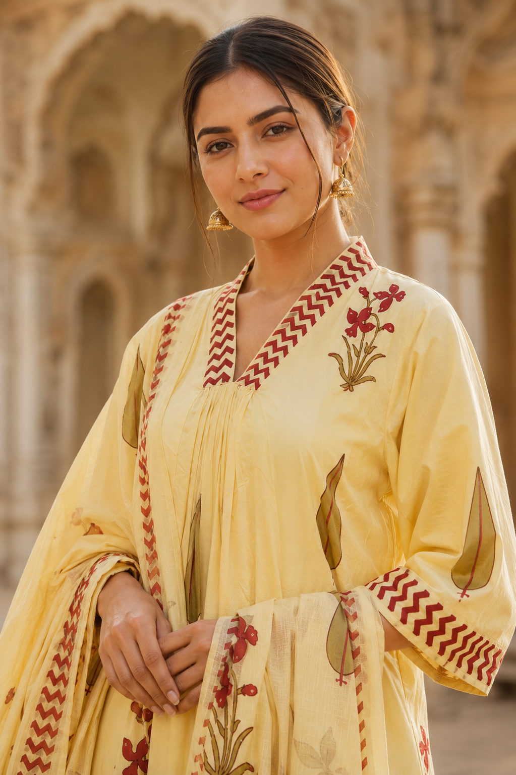 Lemon Yellow Hand Block Print A-line Kurta Pant Dupatta Set