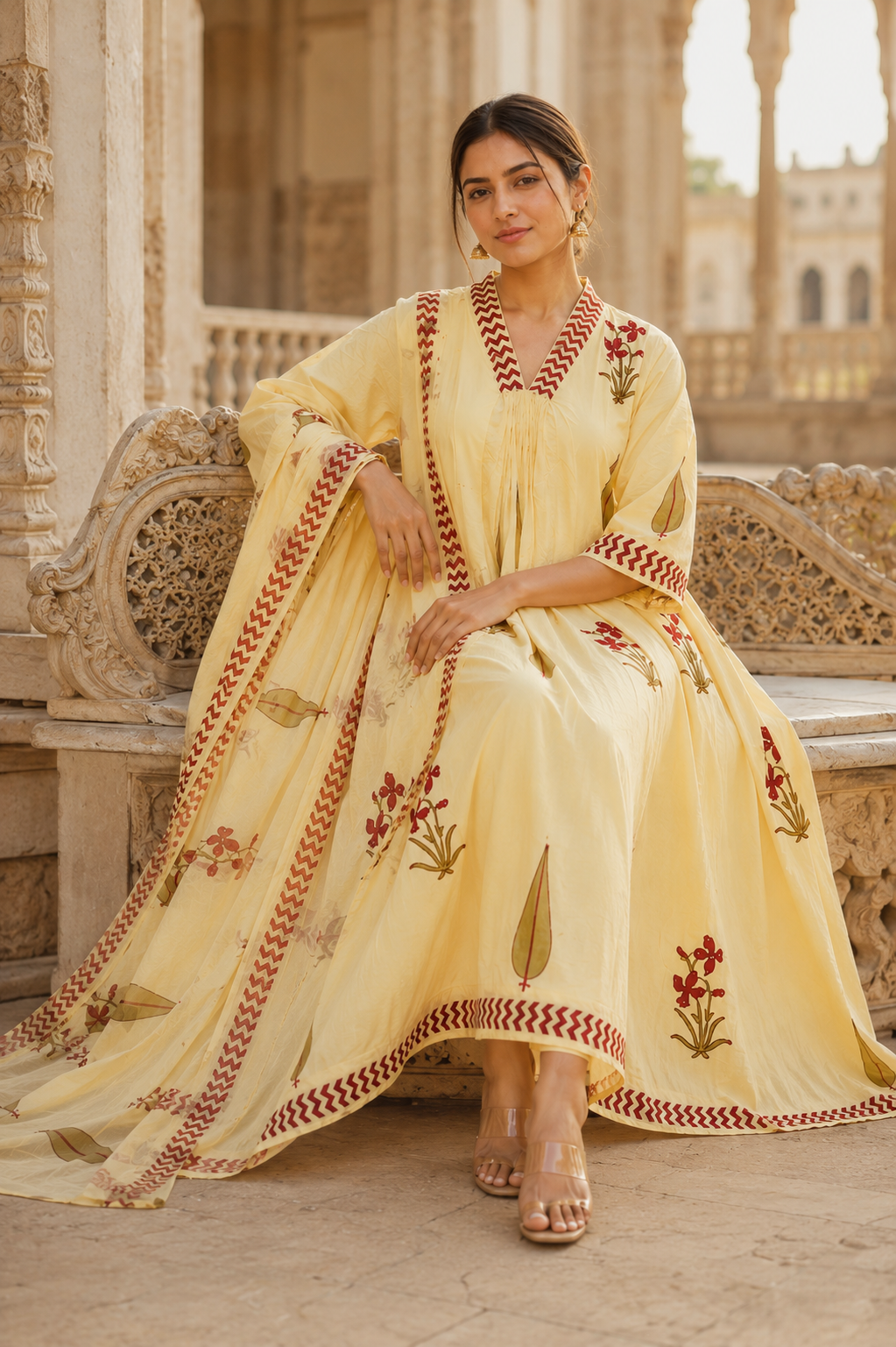 Lemon Yellow Hand Block Print A-line Kurta Pant Dupatta Set