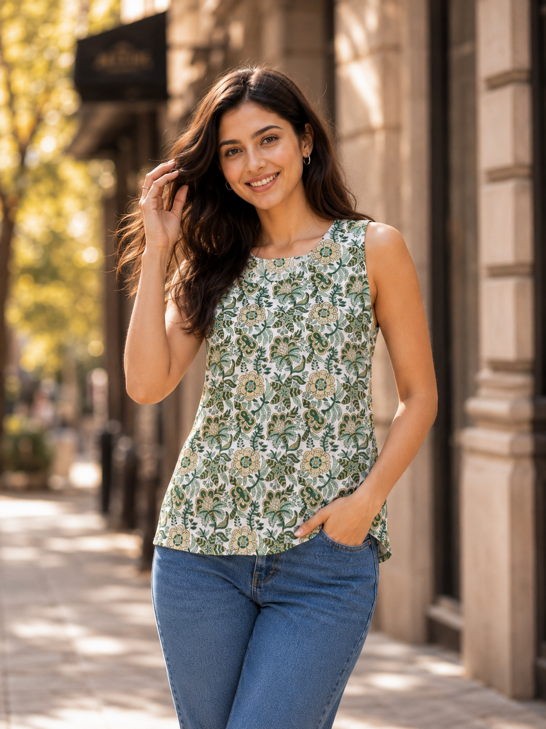 ERISHA Hand Block Printed Sleeveless Cotton Top for Women | Green Floral Summer Wear