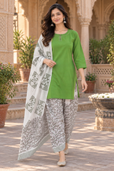 ERISHA Meher Green Cotton Farshi Salwar Suit Set with Printed Dupatta