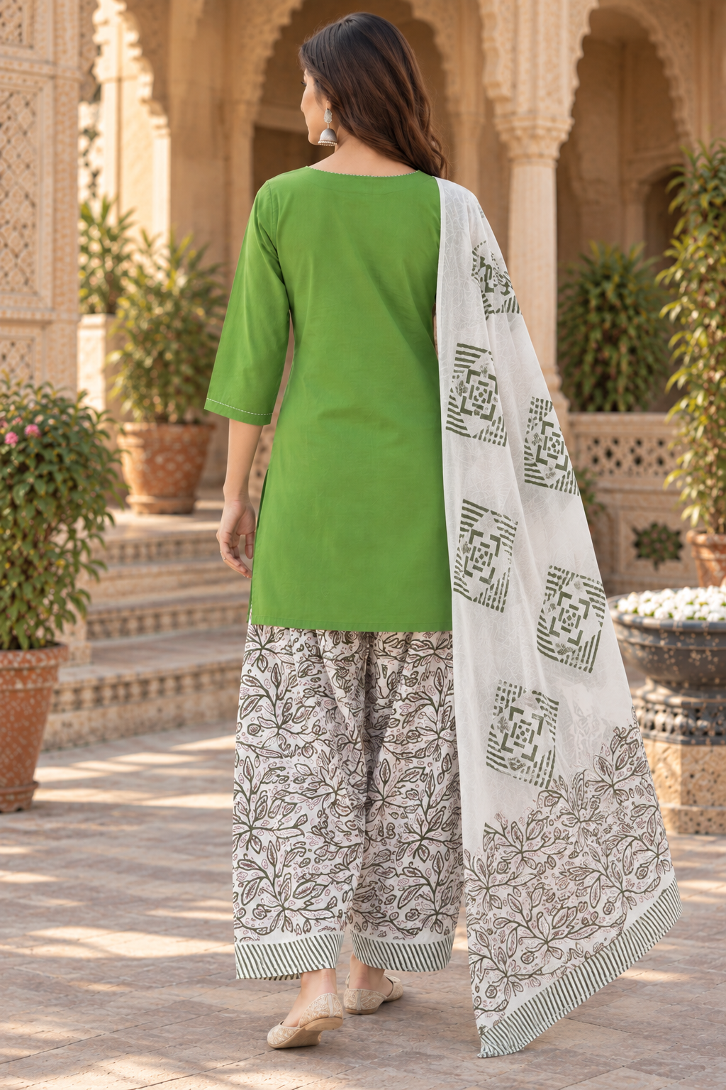 ERISHA Meher Green Cotton Farshi Salwar Suit Set with Printed Dupatta