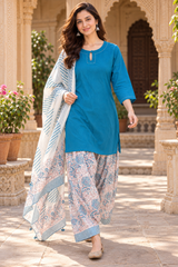 ERISHA Neel Blue Cotton Farshi Salwar Suit Set with Printed Dupatta