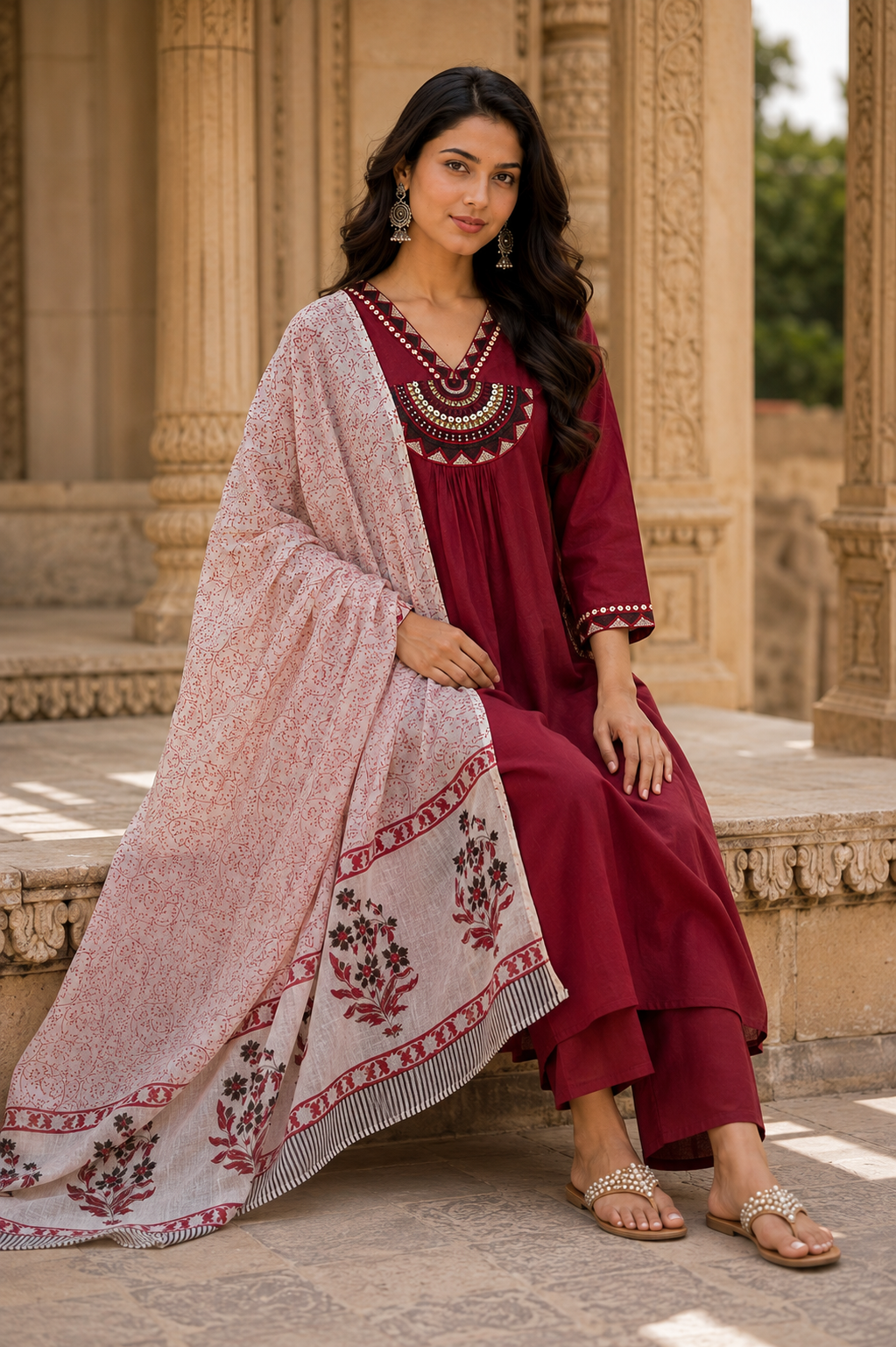 Maroon Embroidered Cotton Kurta Set with Printed Dupatta for Women | Premium Ethnic Suit Set | Festive, Office & Casual Wear | Erisha