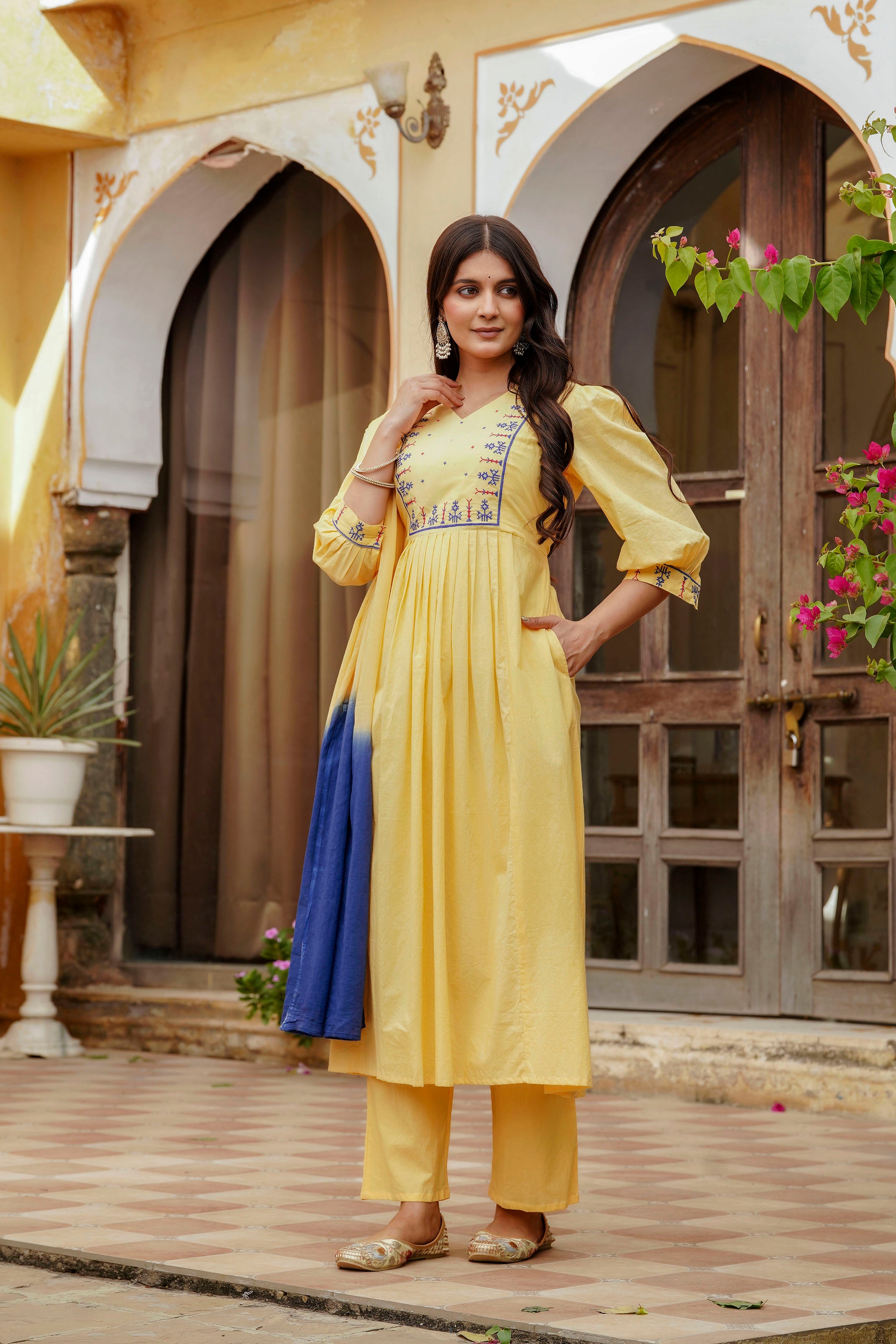 Womens Pure cotton Embroidered Kurta pant Dupatta set