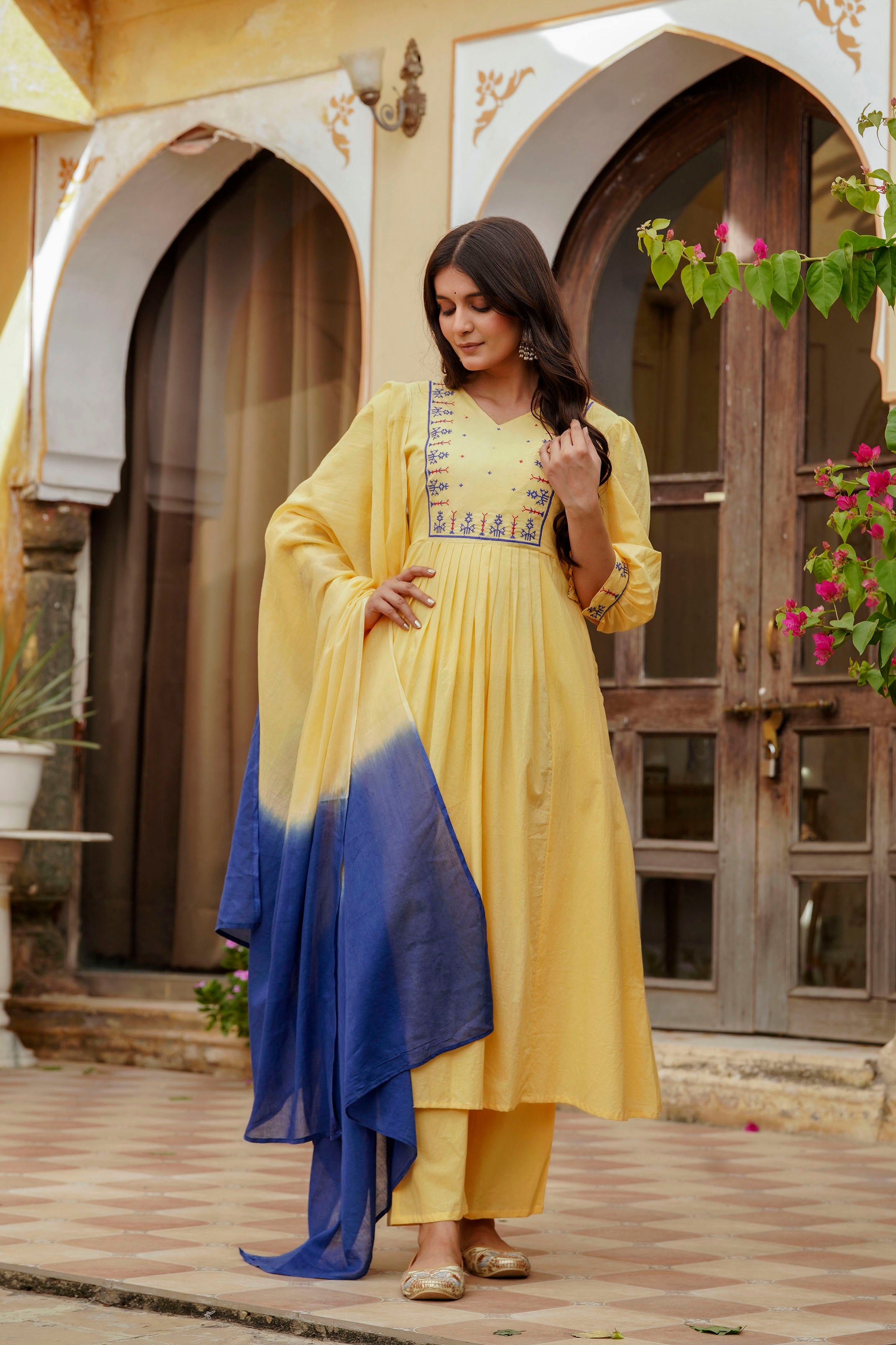 Womens Pure cotton Embroidered Kurta pant Dupatta set