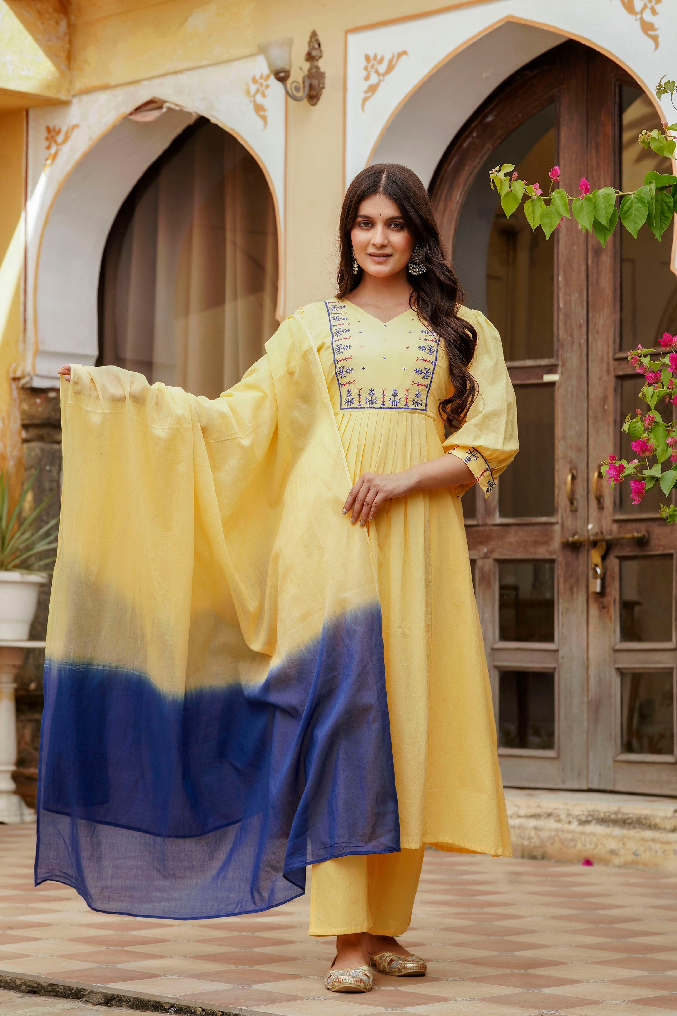 Womens Pure cotton Embroidered Kurta pant Dupatta set