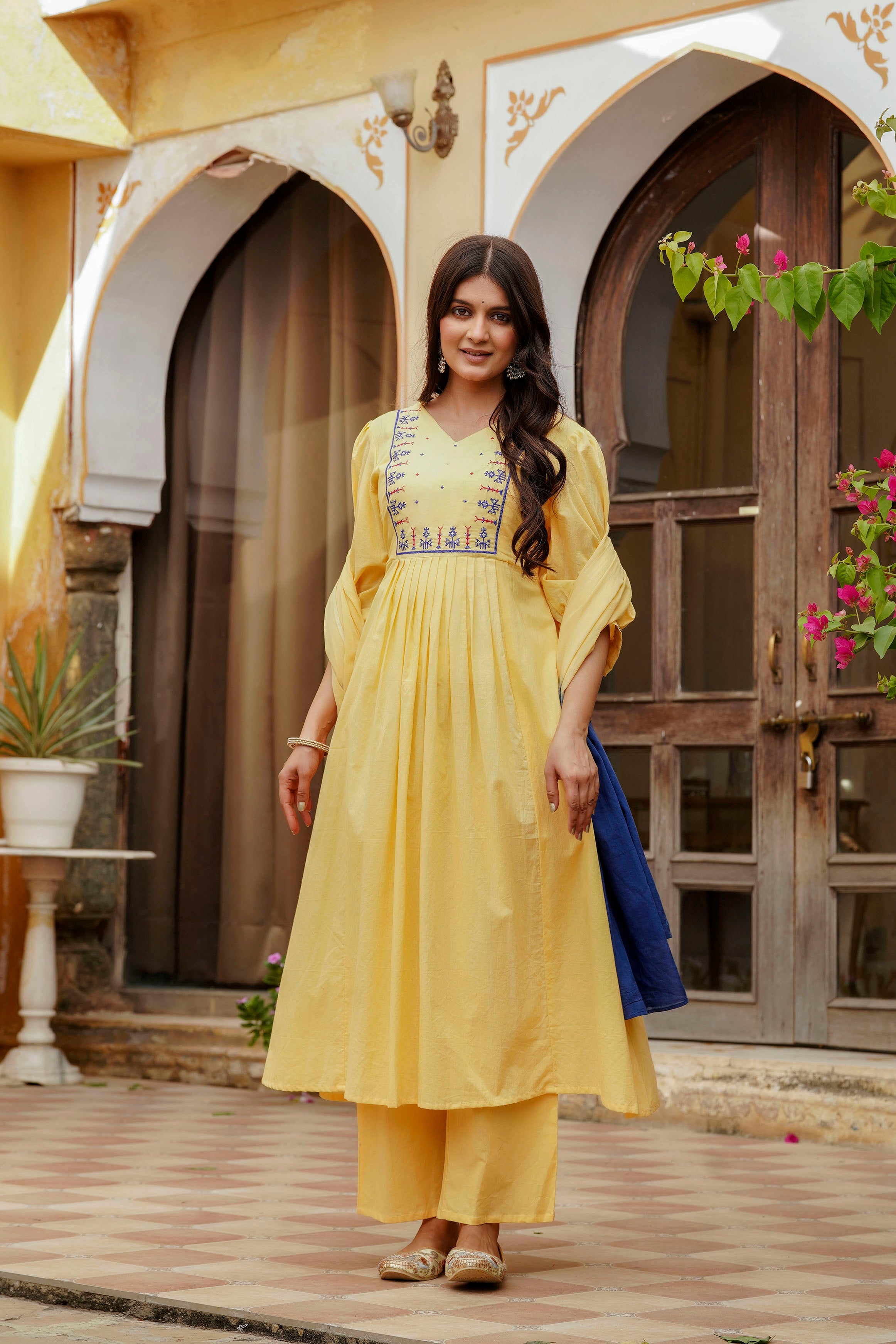 Womens Pure cotton Embroidered Kurta pant Dupatta set