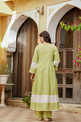 Erisha Womens Lime green Hand embroidered A line Kurta pant Dupatta set