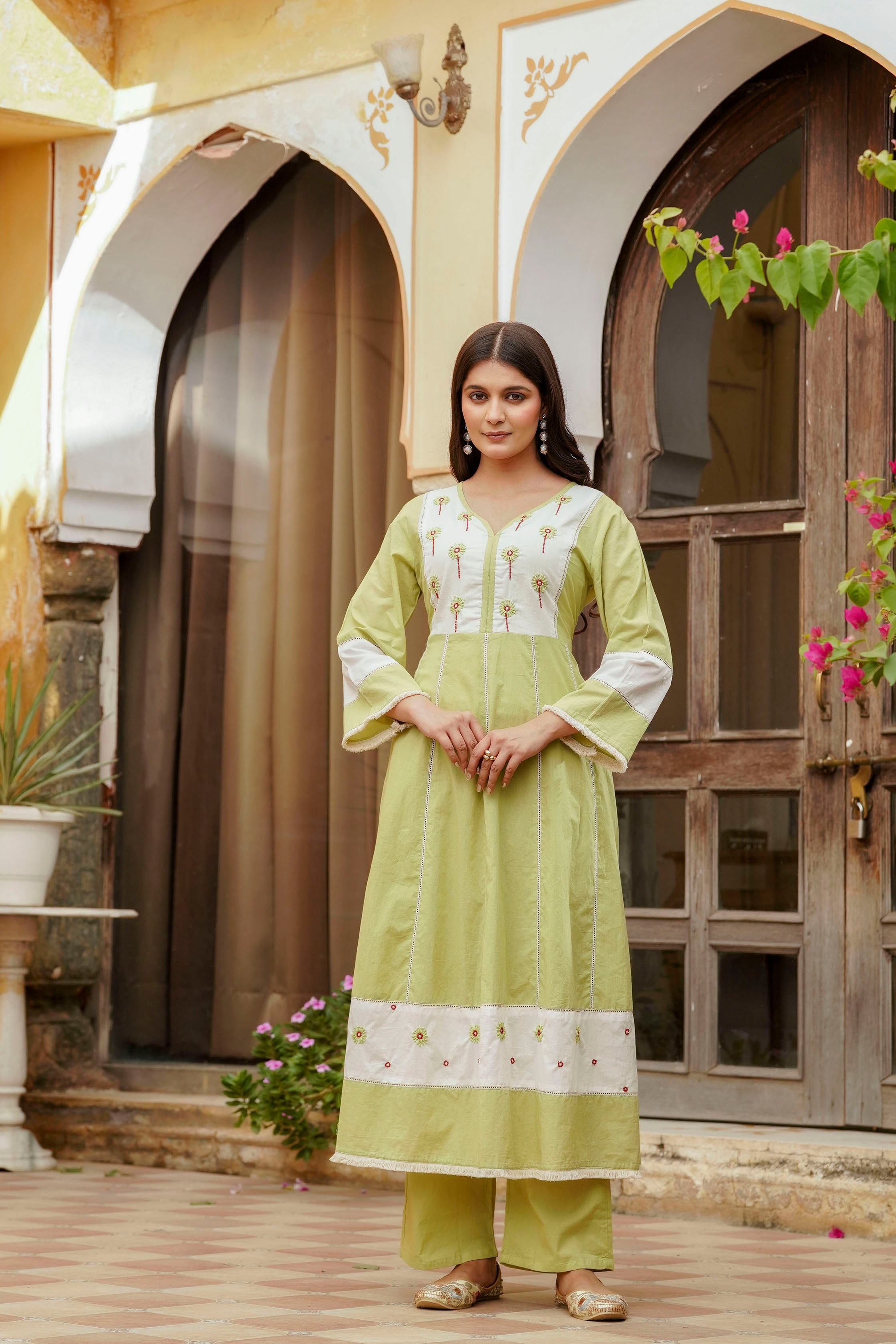 Erisha Womens Lime green Hand embroidered A line Kurta pant Dupatta set