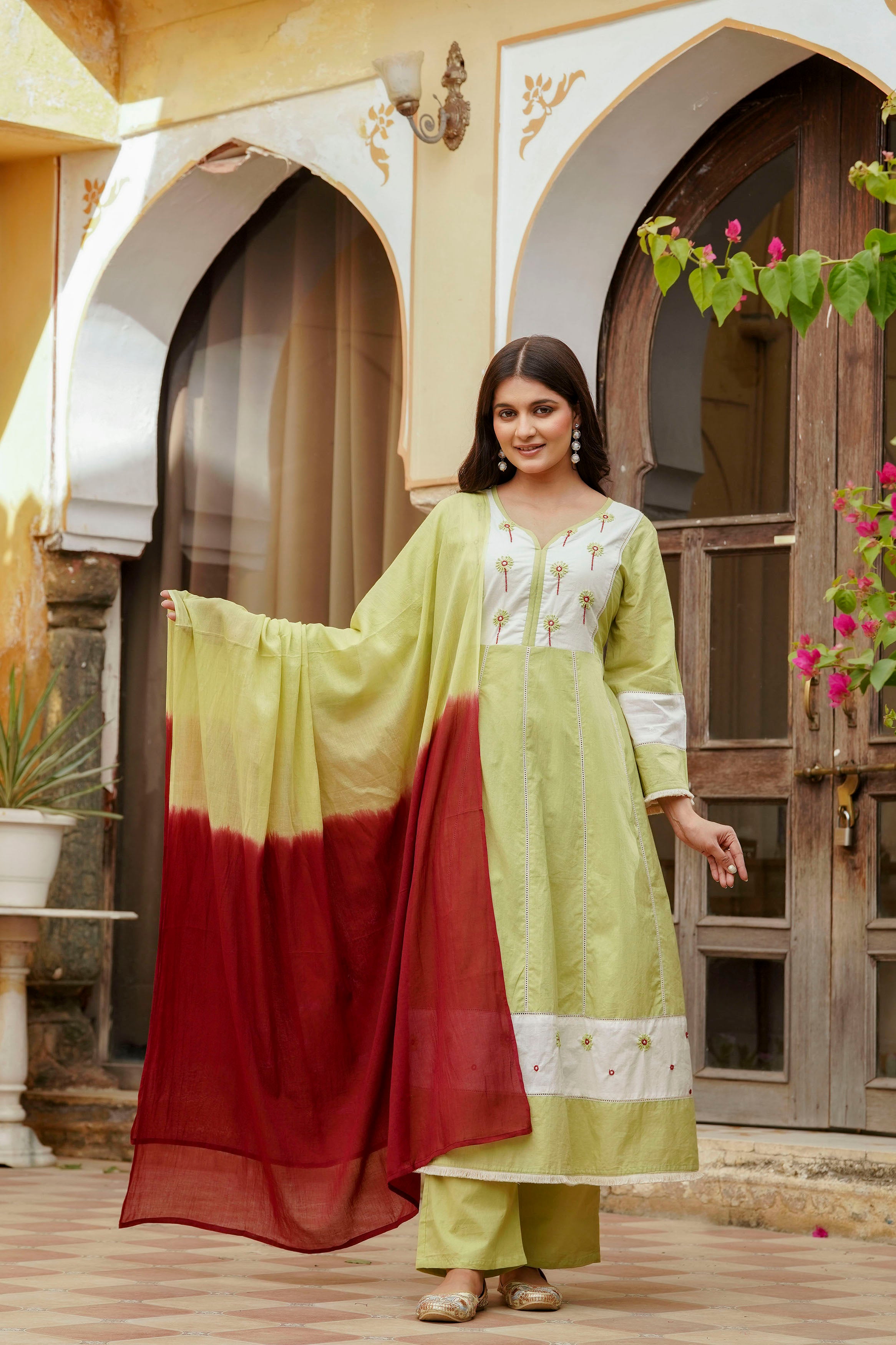 Erisha Womens Lime green Hand embroidered A line Kurta pant Dupatta set