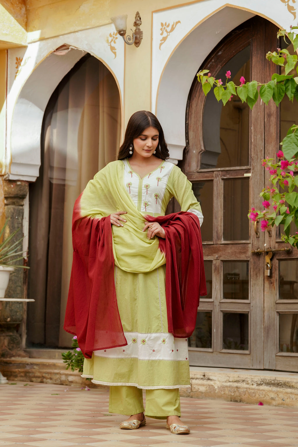 Erisha Womens Lime green Hand embroidered A line Kurta pant Dupatta set