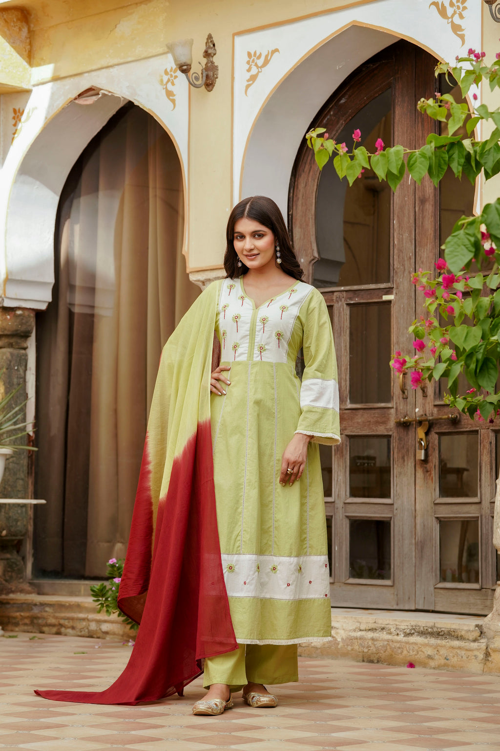 Erisha Womens Lime green Hand embroidered A line Kurta pant Dupatta set