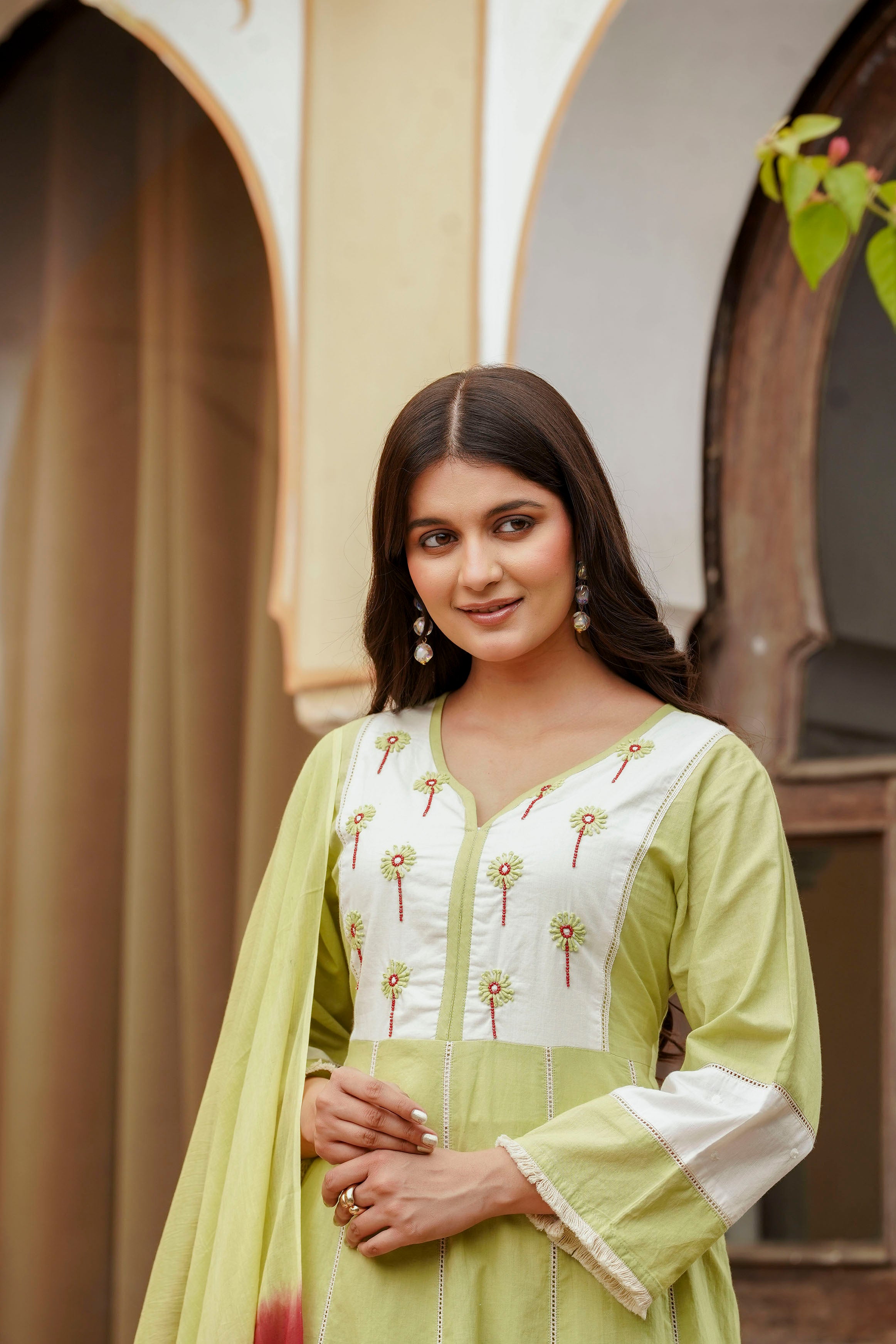 Erisha Womens Lime green Hand embroidered A line Kurta pant Dupatta set