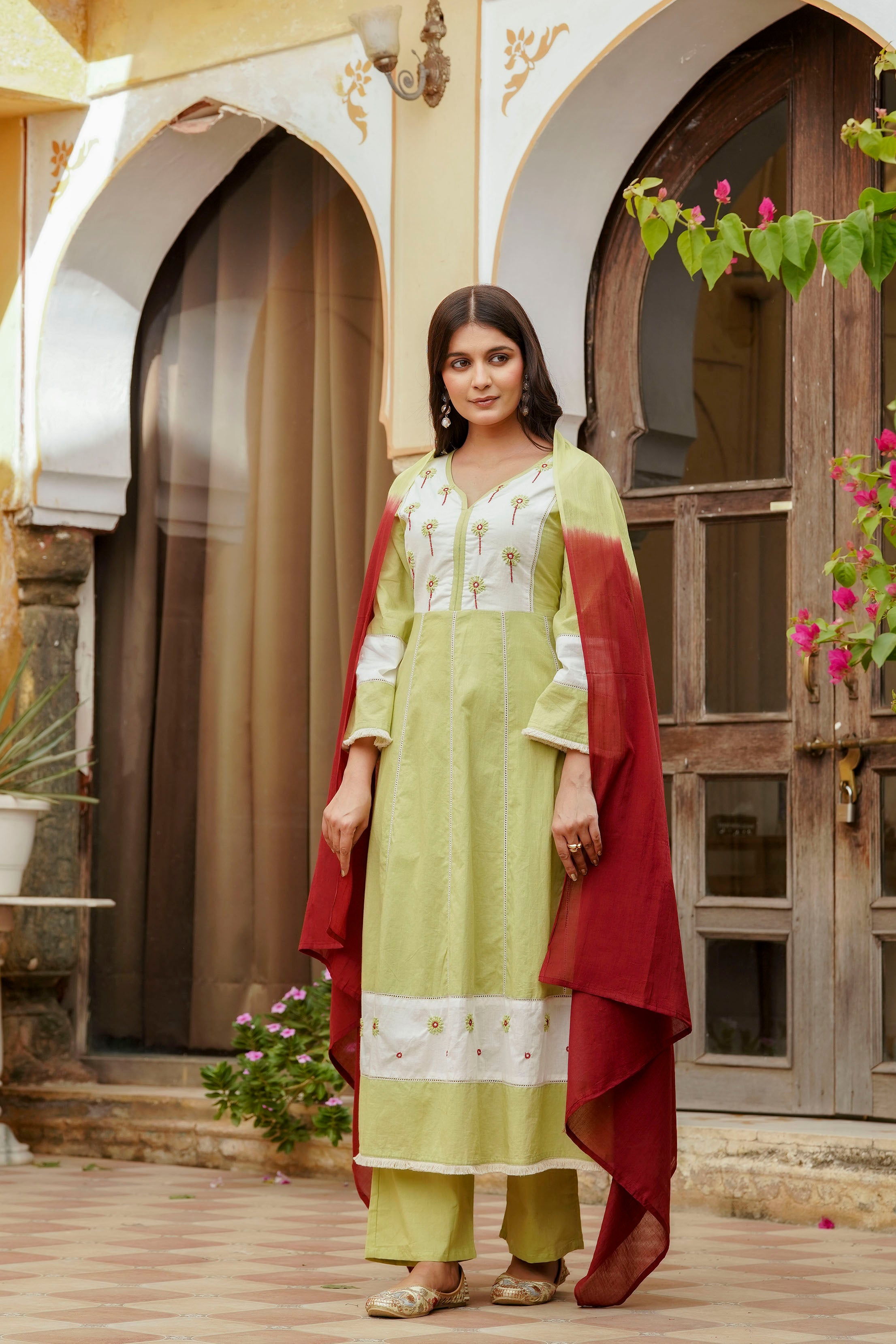 Erisha Womens Lime green Hand embroidered A line Kurta pant Dupatta set