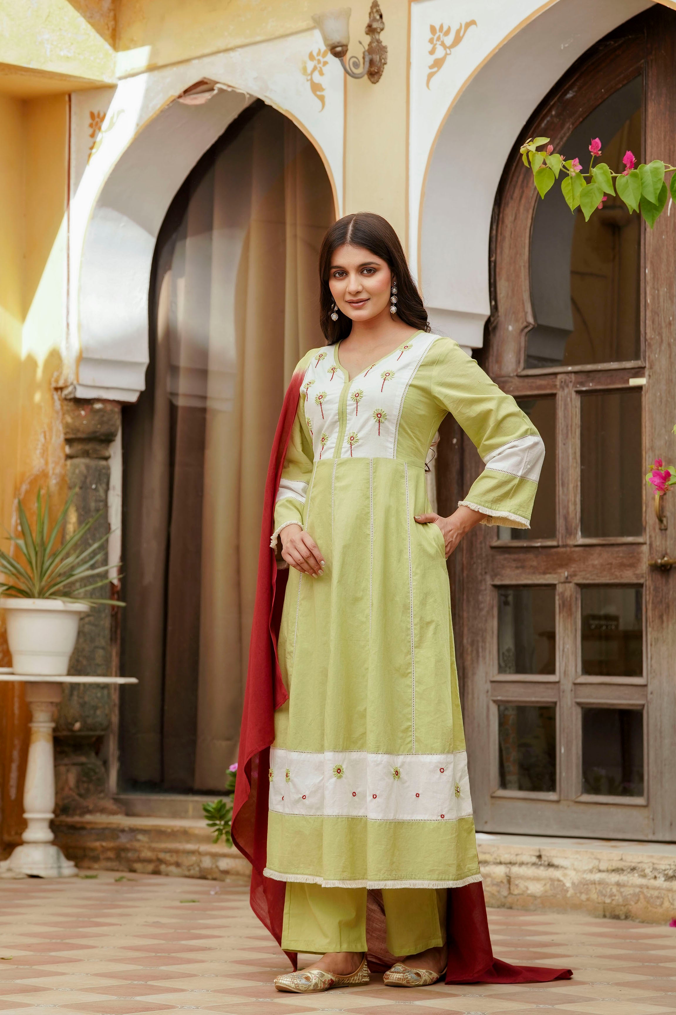 Erisha Womens Lime green Hand embroidered A line Kurta pant Dupatta set