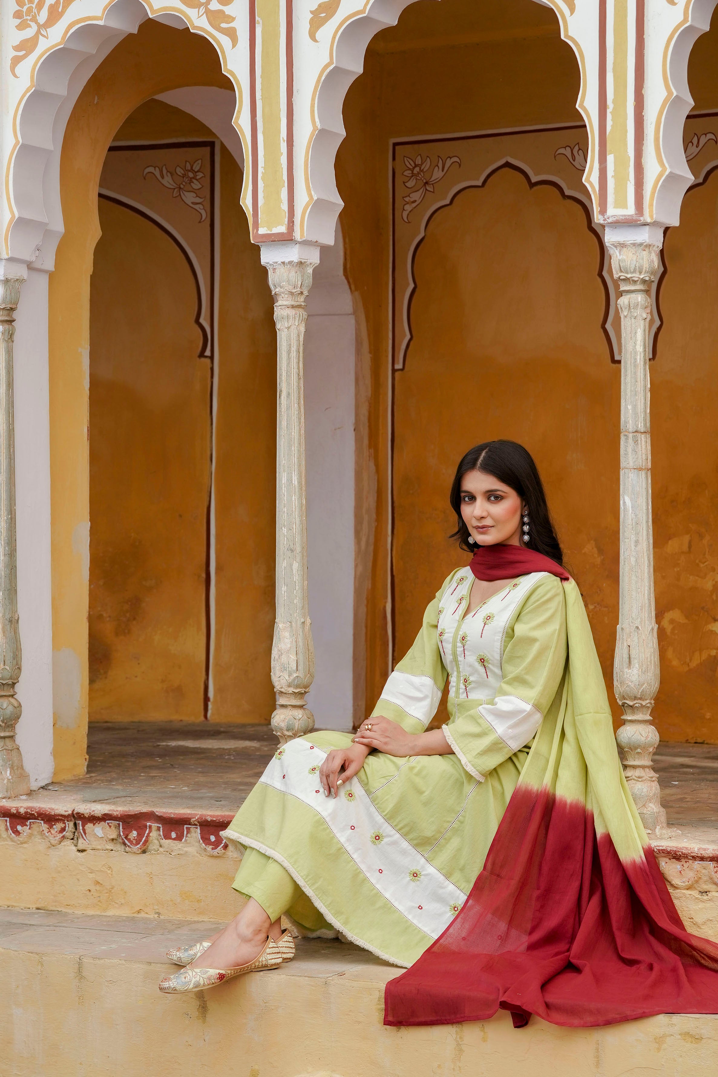 Erisha Womens Lime green Hand embroidered A line Kurta pant Dupatta set