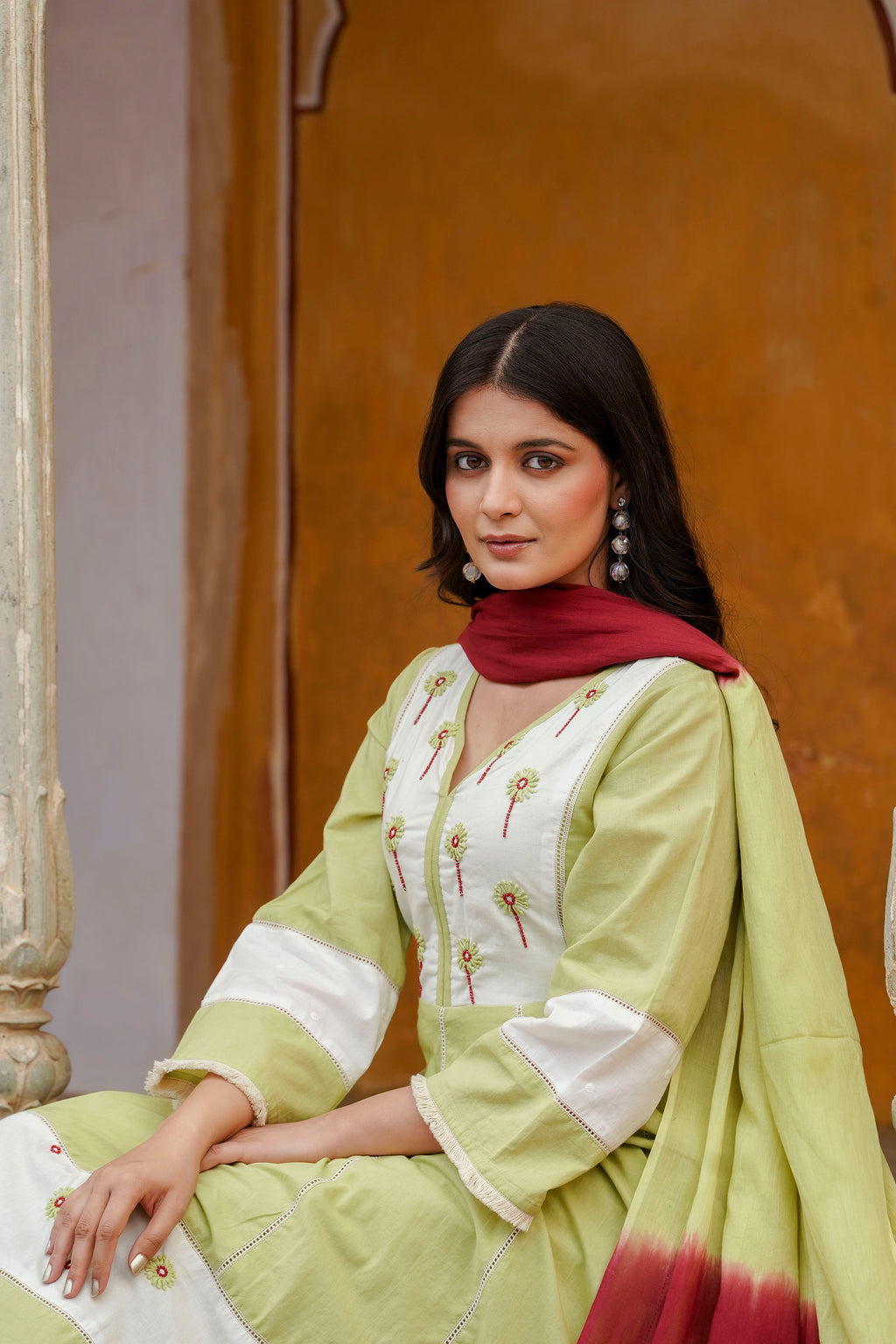 Erisha Womens Lime green Hand embroidered A line Kurta pant Dupatta set