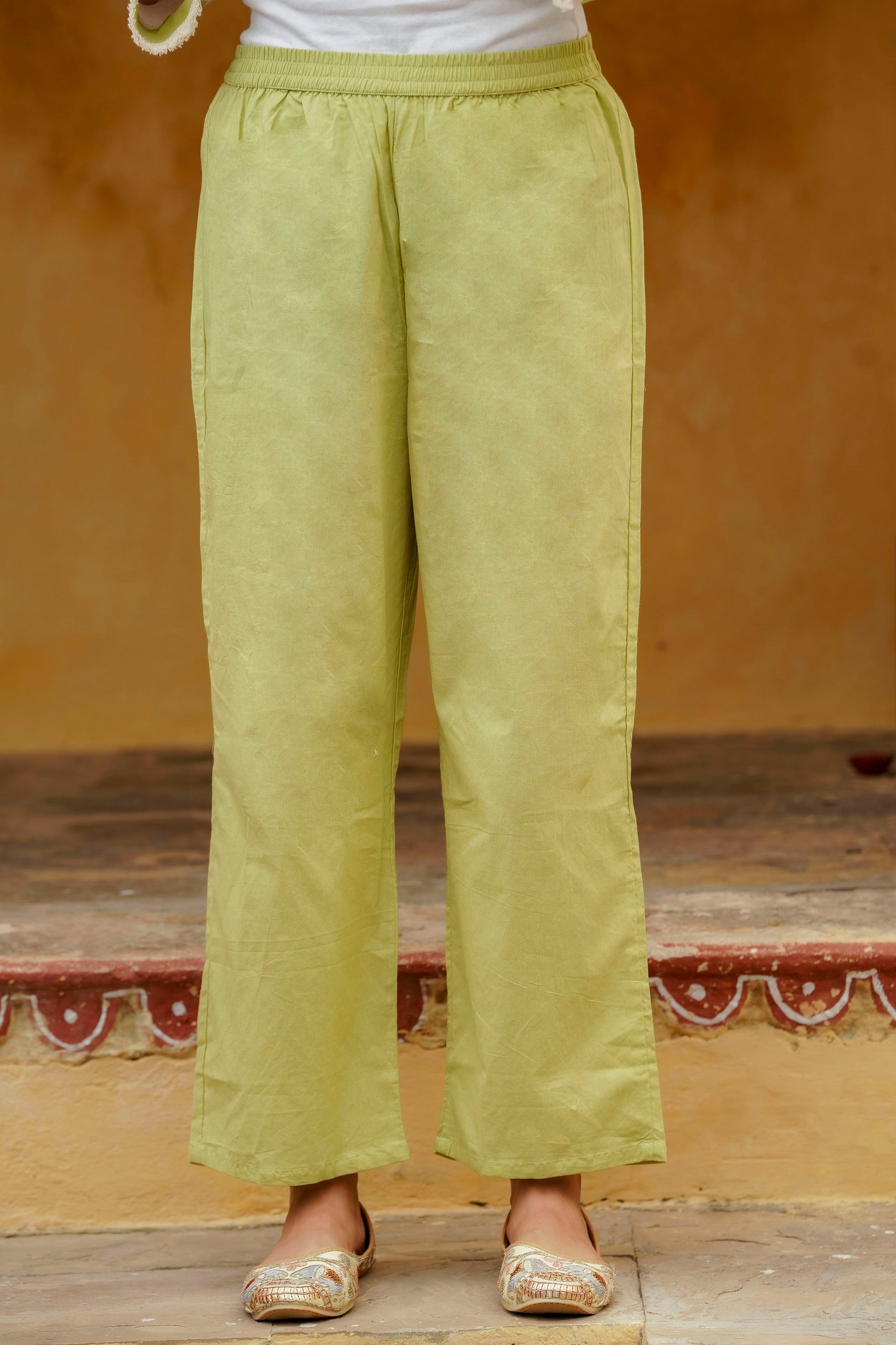 Erisha Womens Lime green Hand embroidered A line Kurta pant Dupatta set