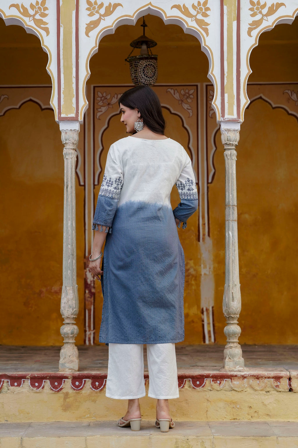 Womens Pure cotton katha Embroidered Ombre shade kurta pant Dupatta set