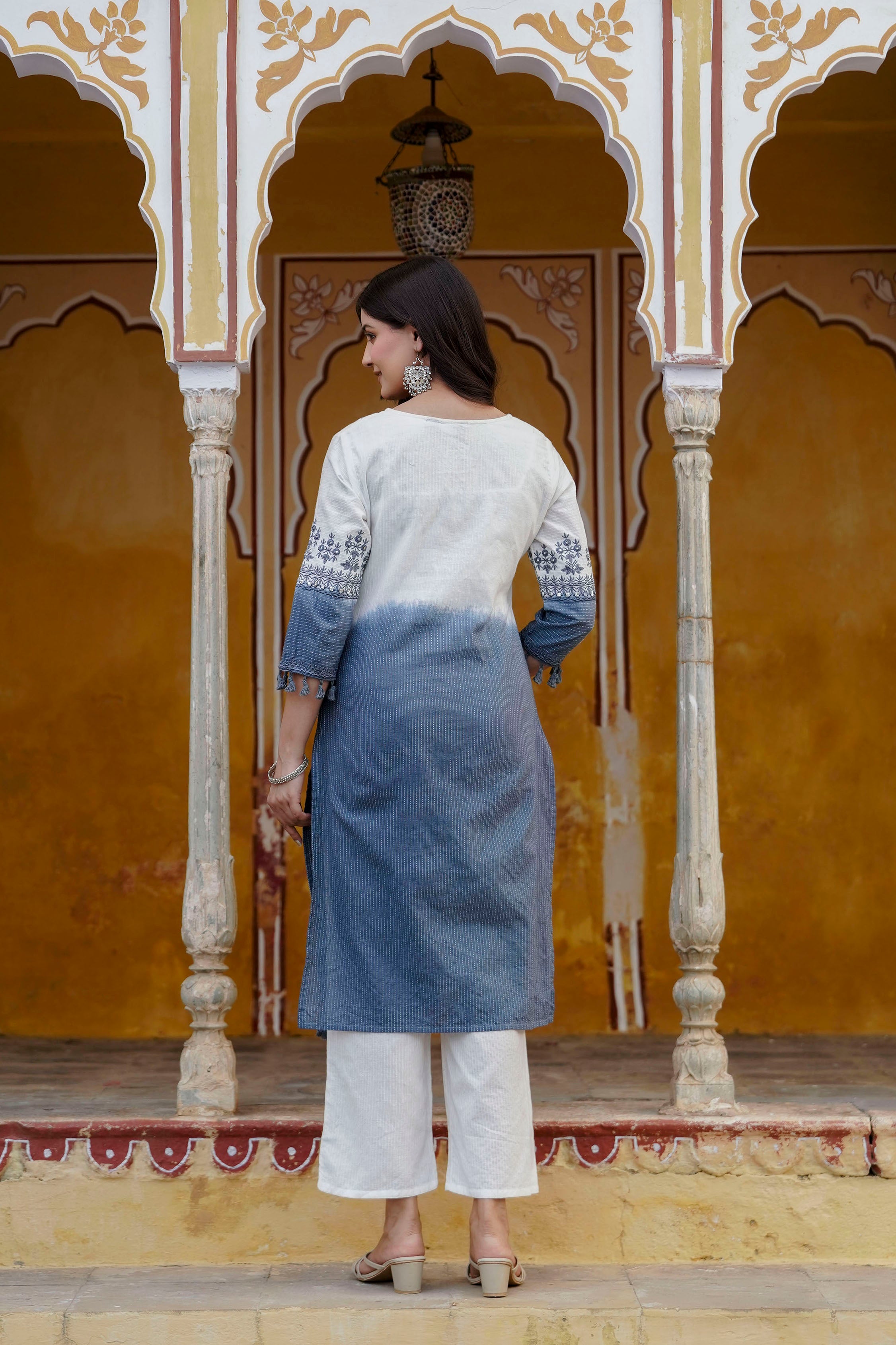 Womens Pure cotton katha Embroidered Ombre shade kurta pant Dupatta set