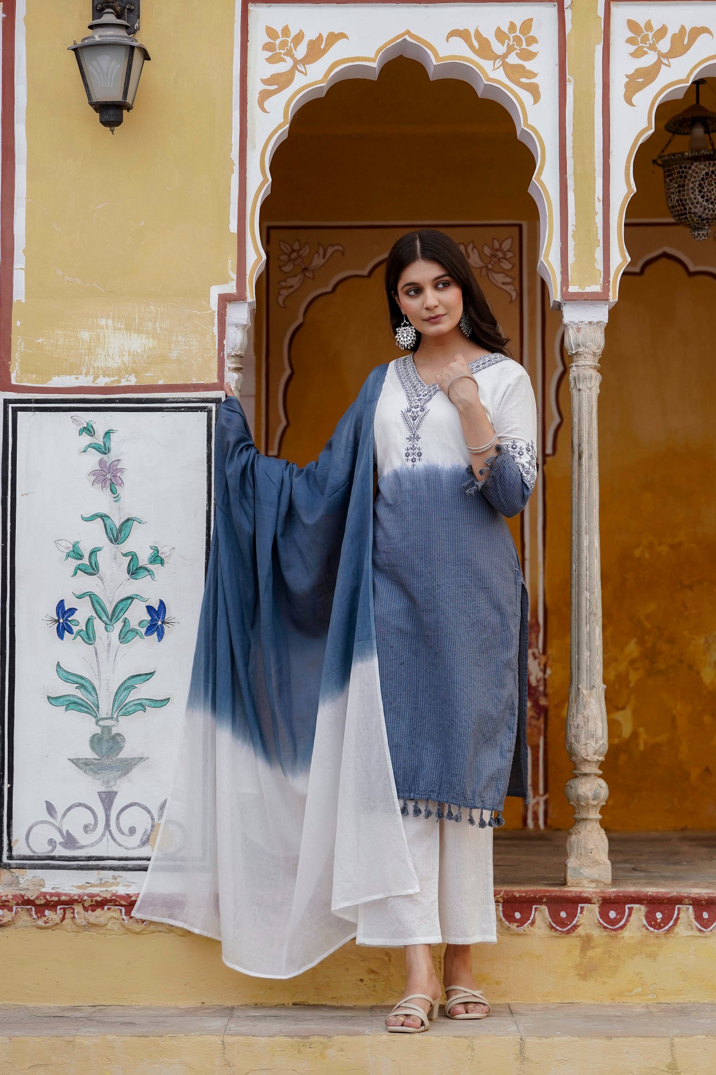 Womens Pure cotton katha Embroidered Ombre shade kurta pant Dupatta set