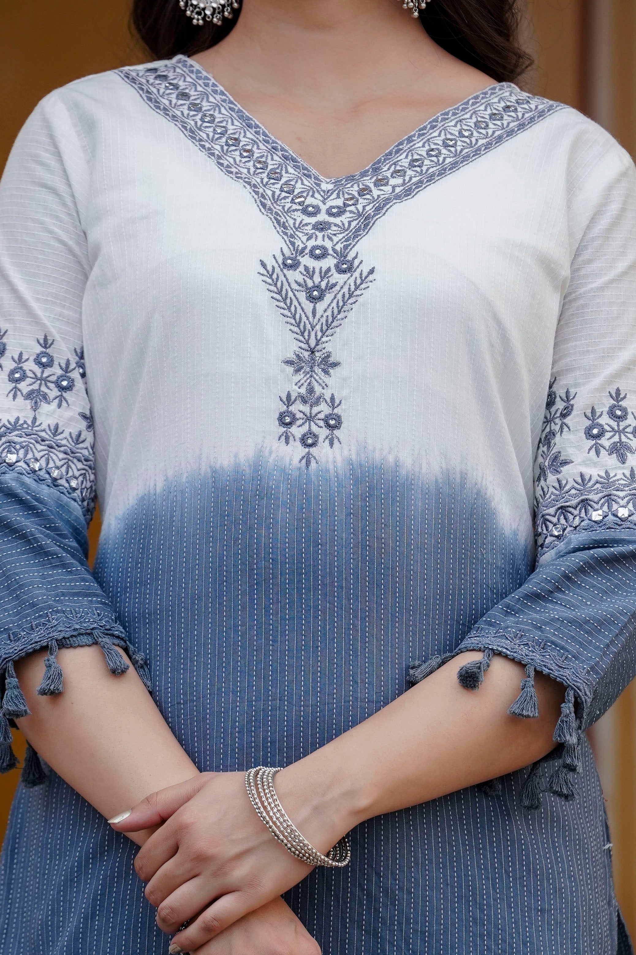 Womens Pure cotton katha Embroidered Ombre shade kurta pant Dupatta set