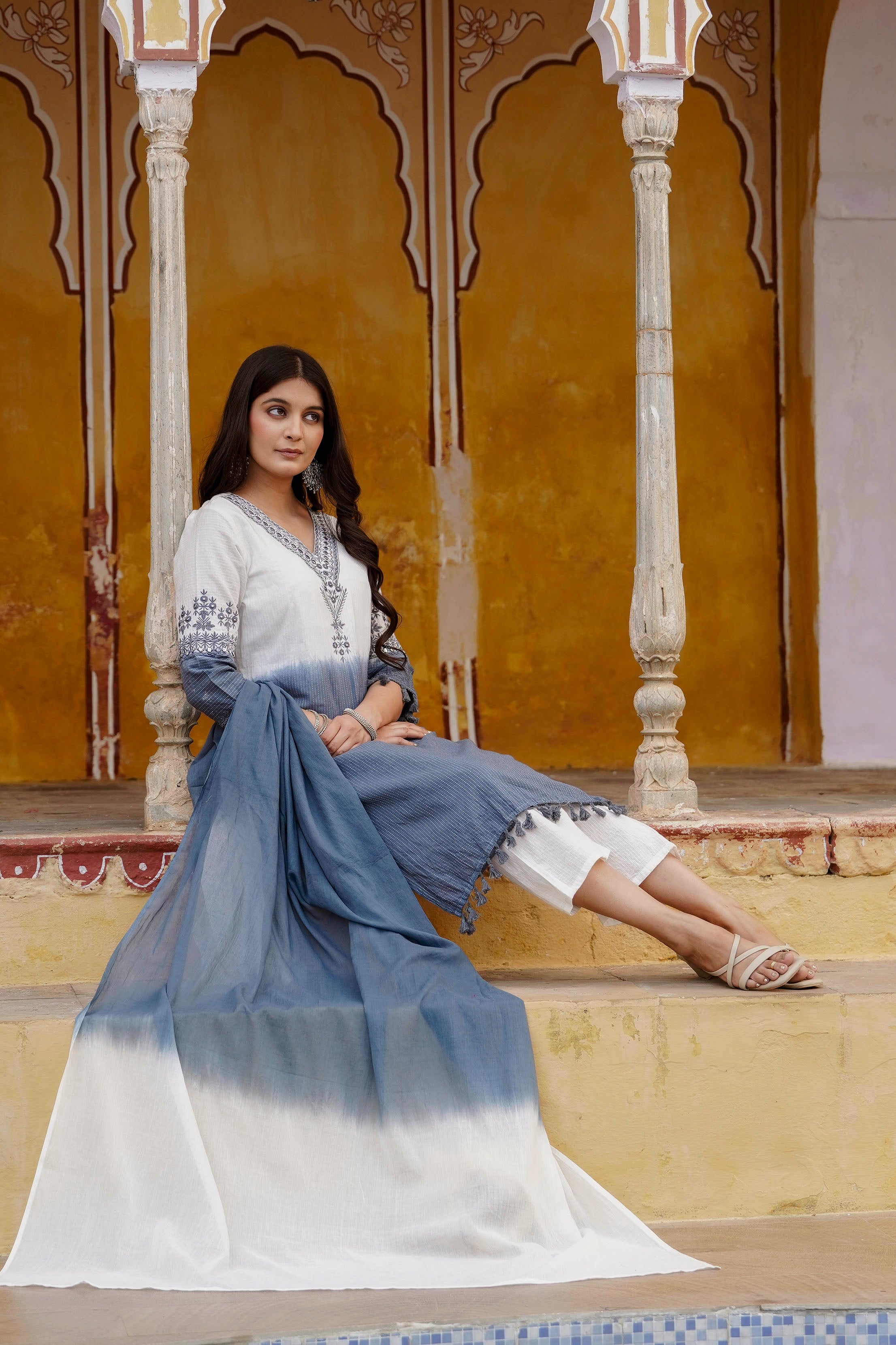 Womens Pure cotton katha Embroidered Ombre shade kurta pant Dupatta set