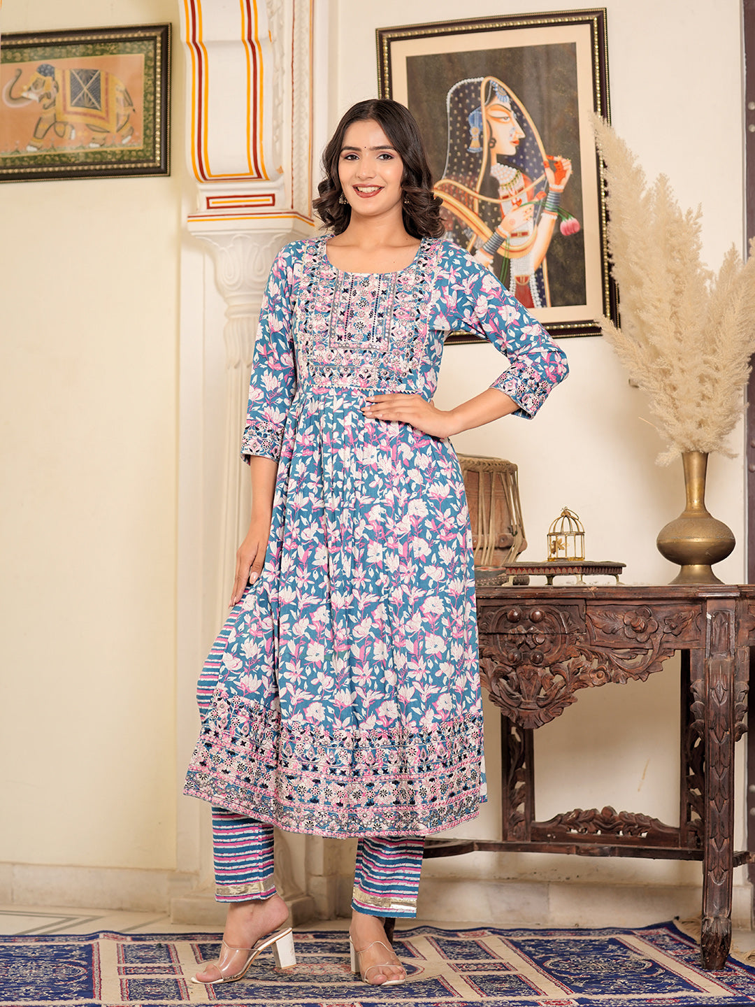 Womens Pure cotton embroidered kurta pant dupatta set