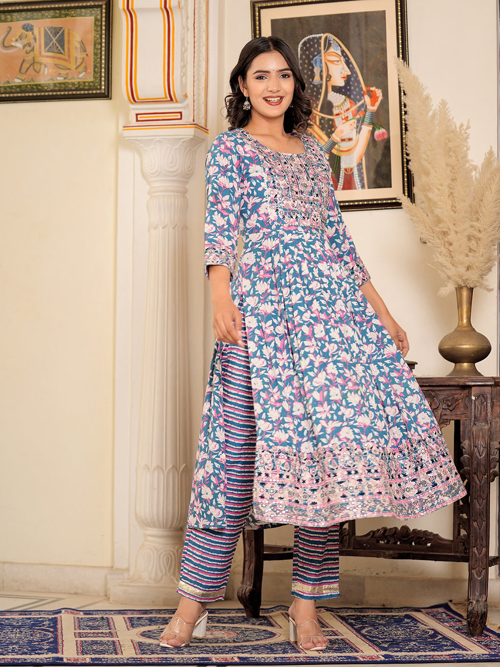 Womens Pure cotton embroidered kurta pant dupatta set