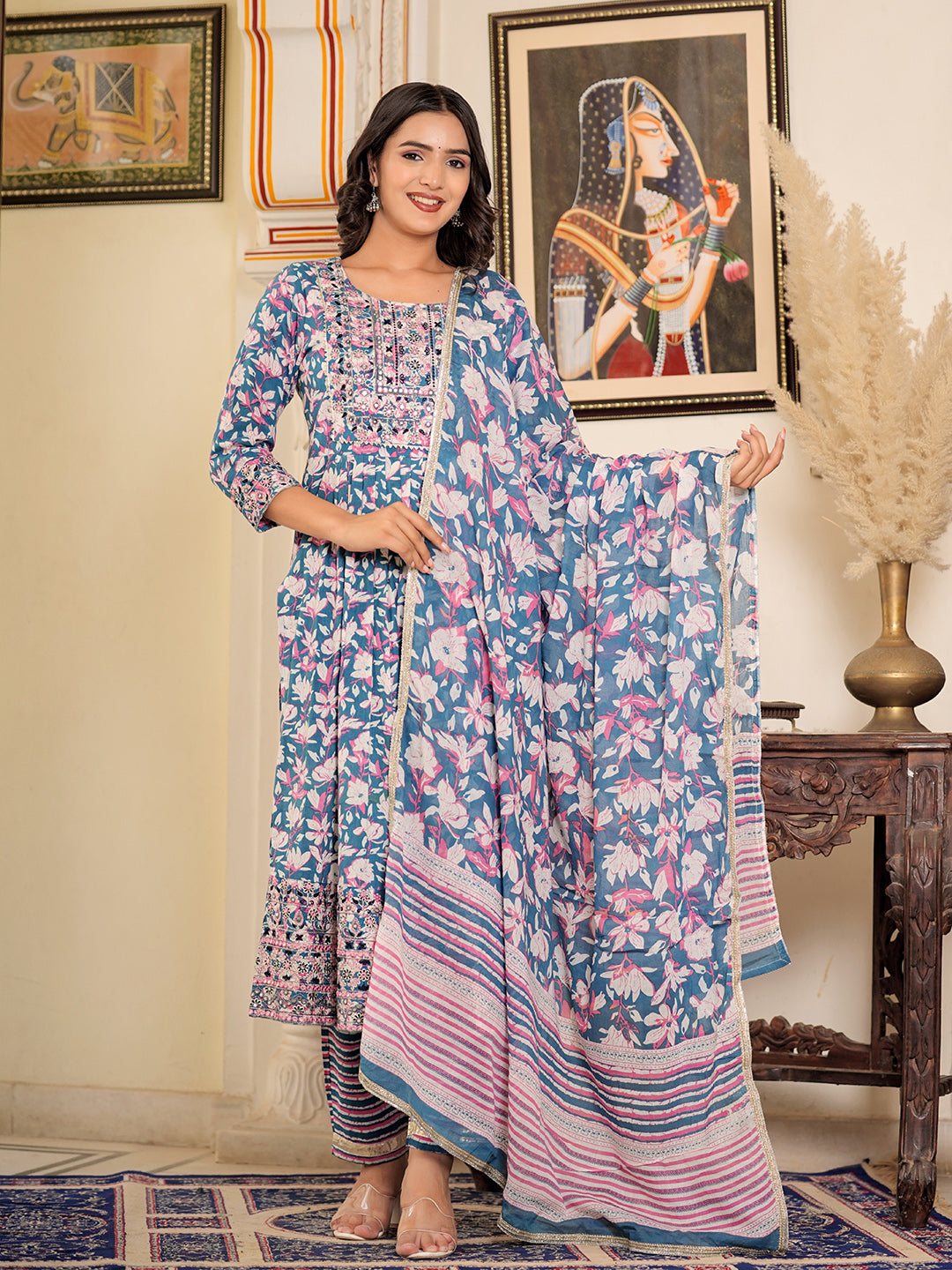 Womens Pure cotton embroidered kurta pant dupatta set