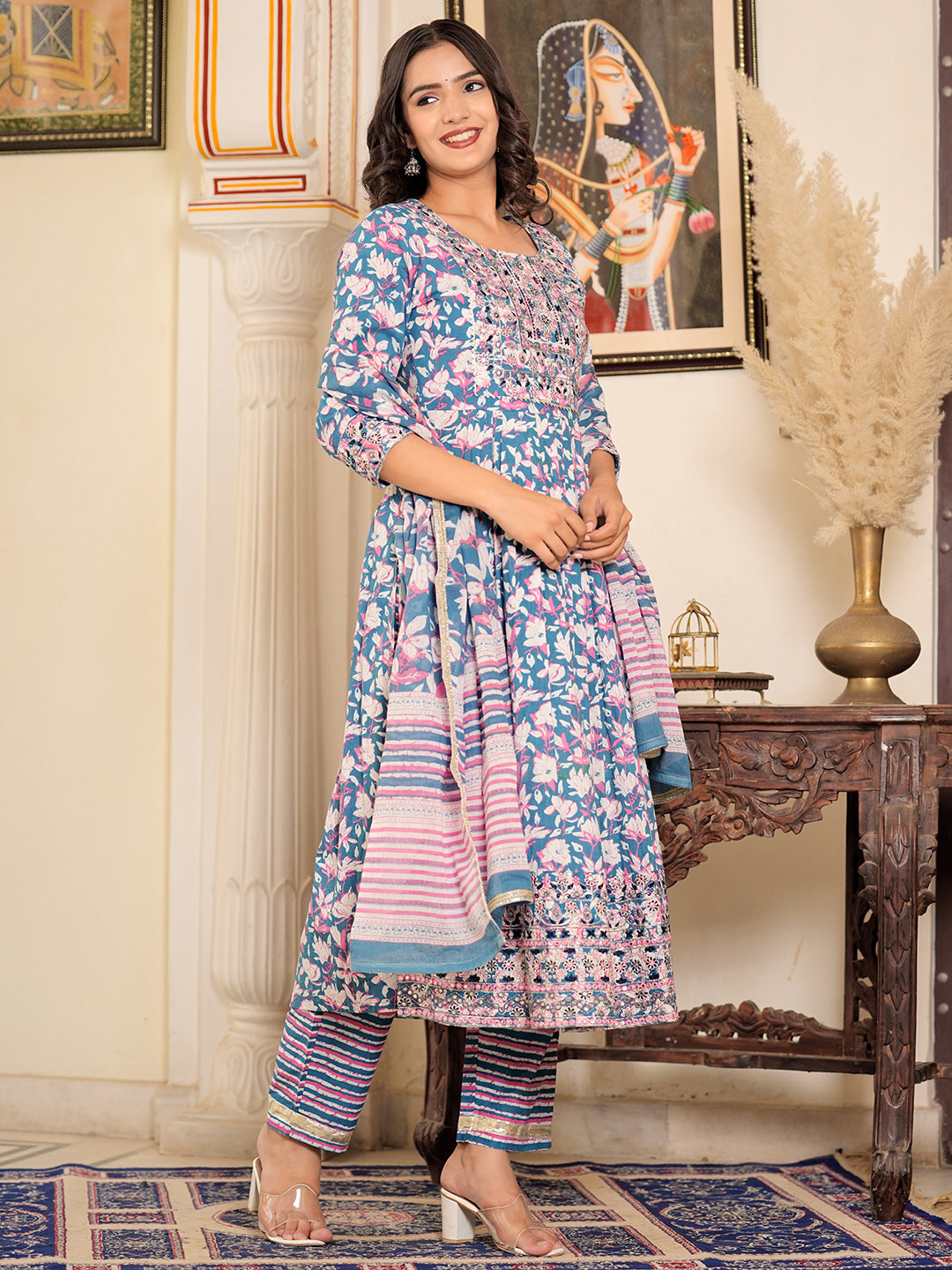 Womens Pure cotton embroidered kurta pant dupatta set