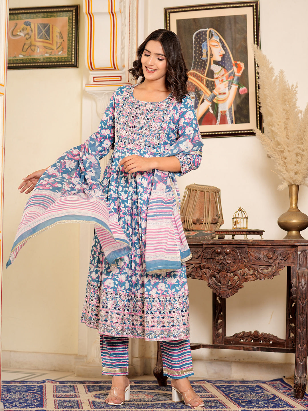 Womens Pure cotton embroidered kurta pant dupatta set