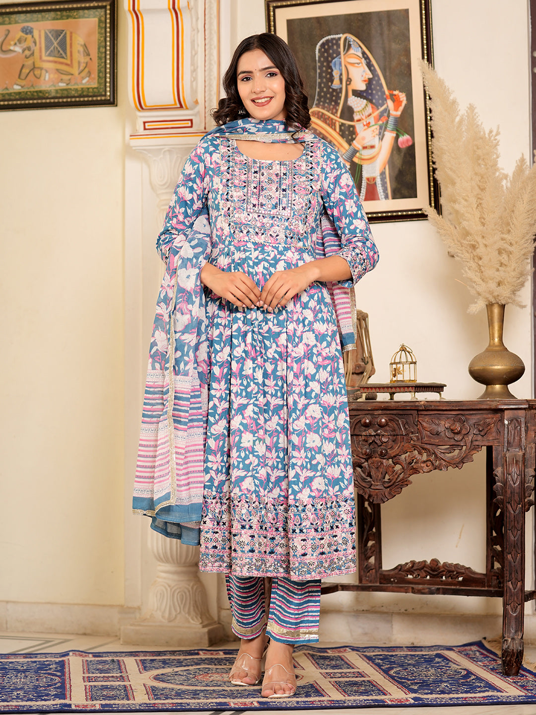 Womens Pure cotton embroidered kurta pant dupatta set