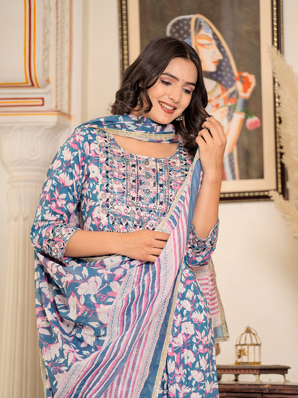 Womens Pure cotton embroidered kurta pant dupatta set