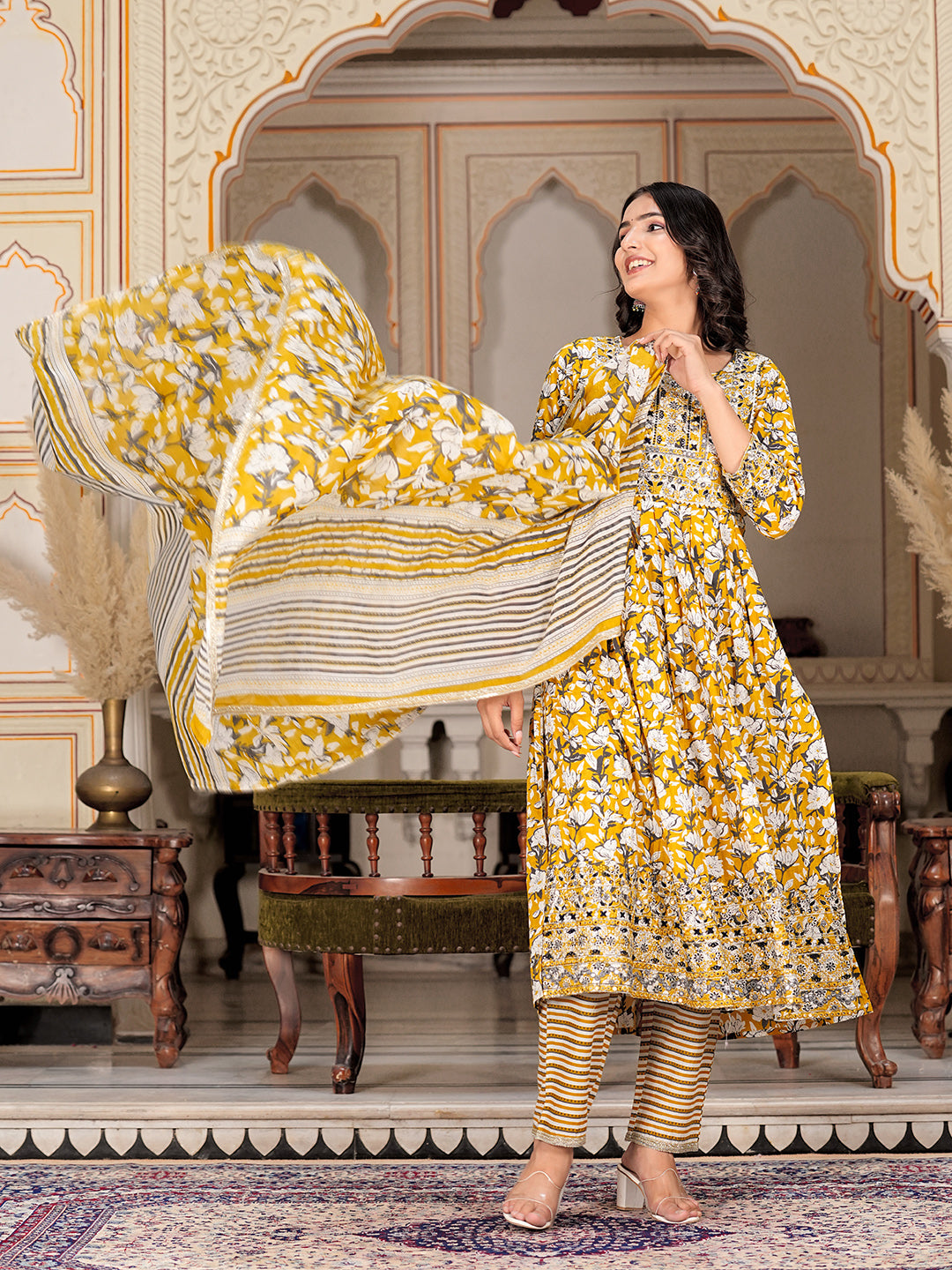 Womens Pure cotton embroidered kurta pant dupatta set
