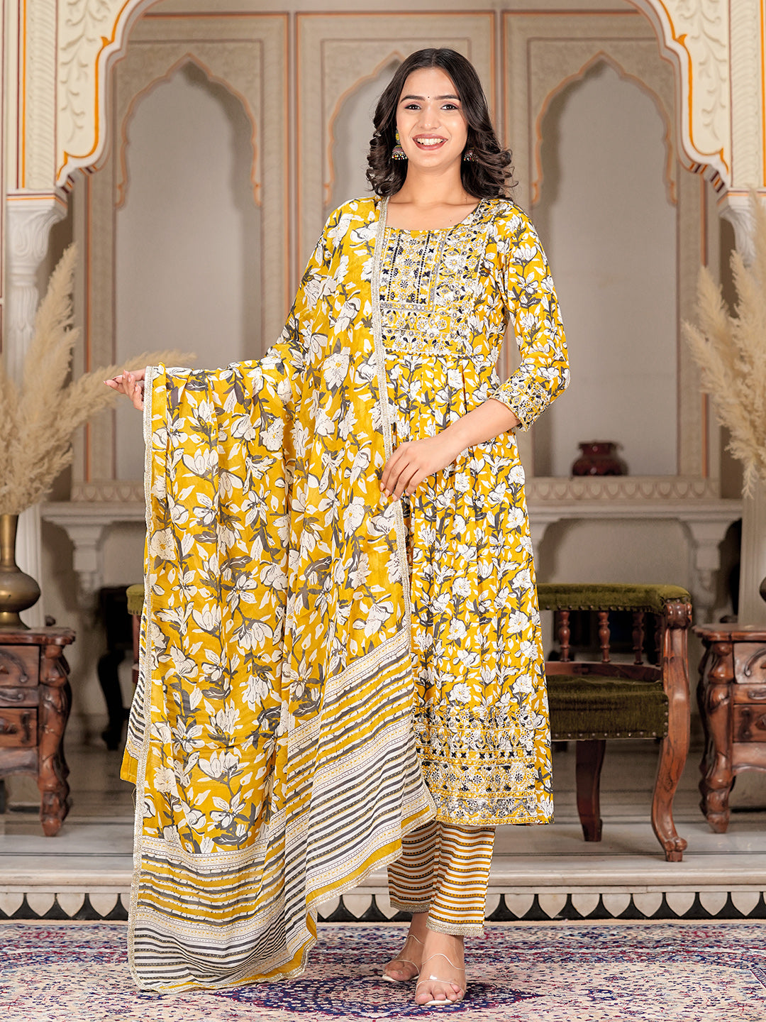 Womens Pure cotton embroidered kurta pant dupatta set