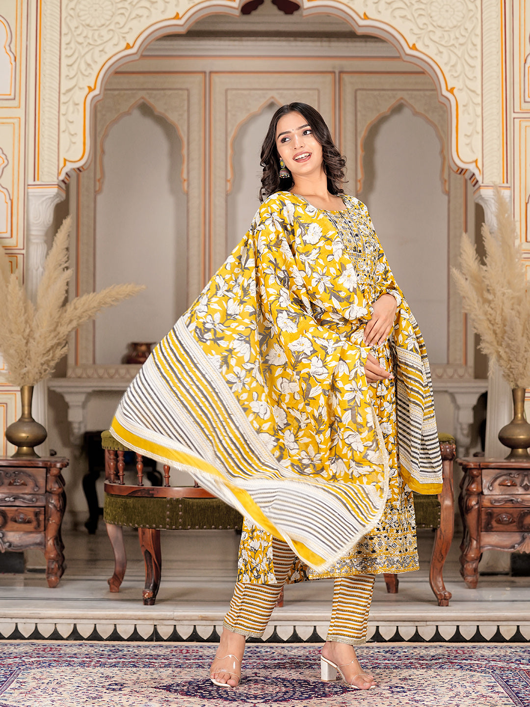 Womens Pure cotton embroidered kurta pant dupatta set