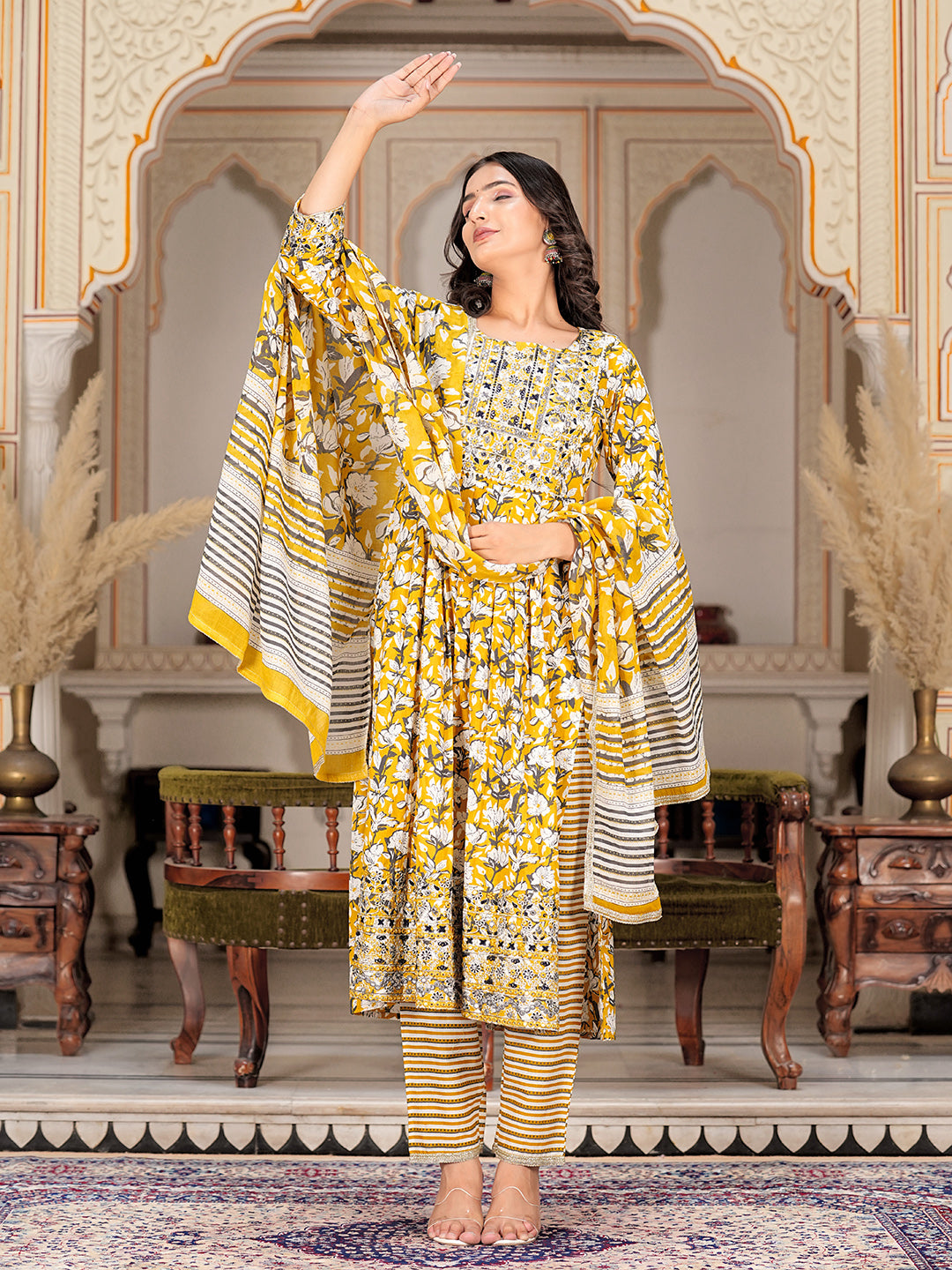 Womens Pure cotton embroidered kurta pant dupatta set
